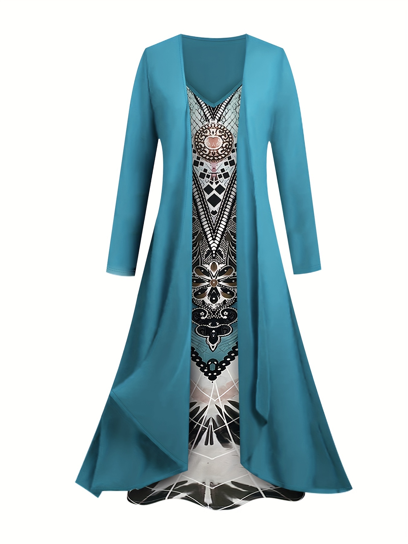 Tribal Style Two-piece Dress Set, Long Sleeve Kimono Graphic Print V Neck  Cami Dress Outfits, Women's Clothing