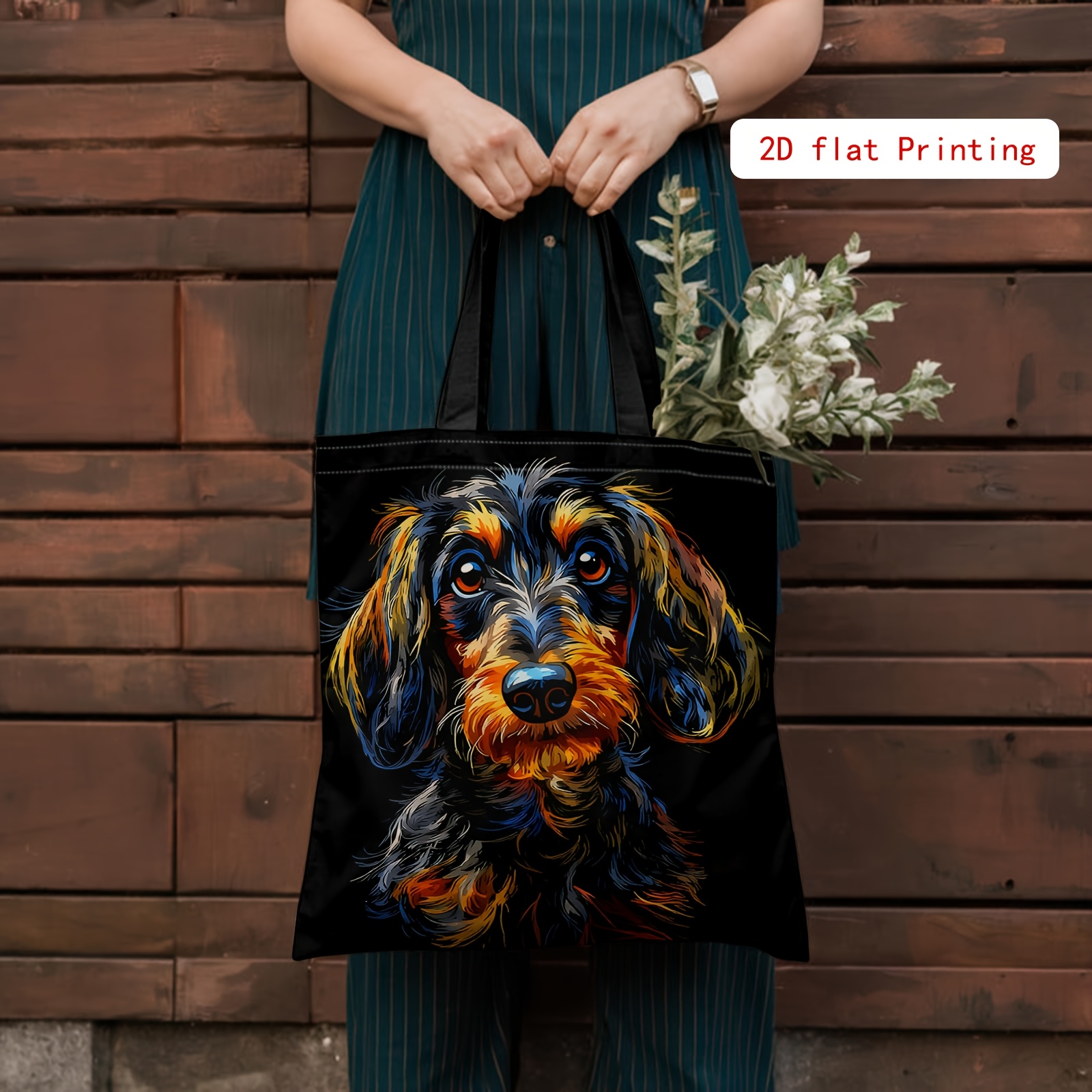 TEMU 2d Printed Fashion Bag Featuring A Long-haired Dachshund Pattern, A Reusable Shoulder Bag, Durable Unlined Shopping Tote That Resists Fading,