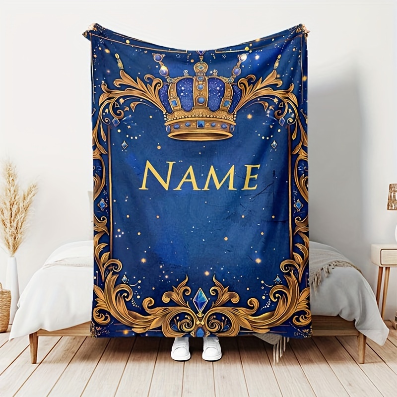 

1pc Custom Name Personalized Crown Blanket - Soft Flannel Fleece Blanket, , Polyester, Comfort, Suitable For Nap, Camping, Travel - Style