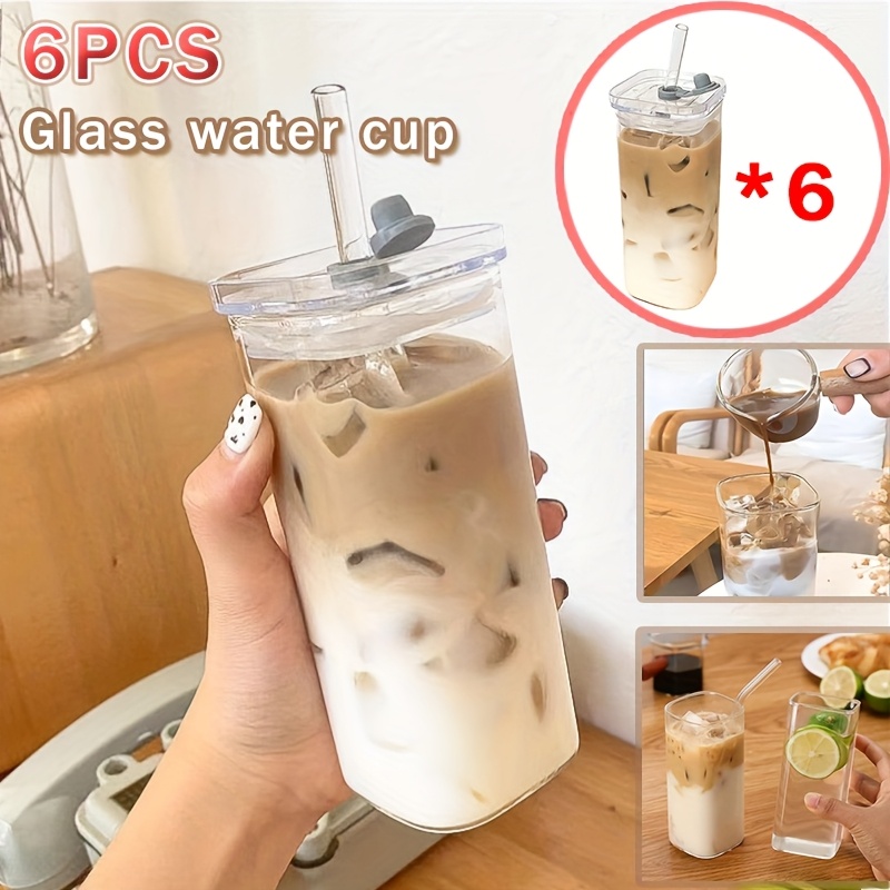 TEMU [square Glass Cups] 6pcs Set Of Square Glass Cups With Lids - Portable Drinking Glasses And Coffee Mugs, Includes Cup Covers And Straws, Perfect