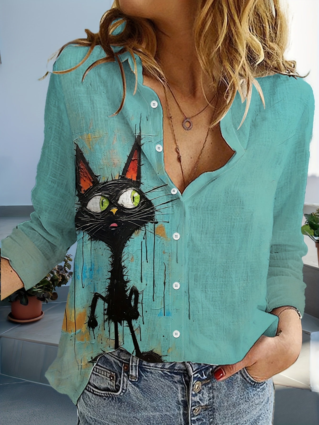 womens casual long sleeve shirt cat print 100 Temu Oman