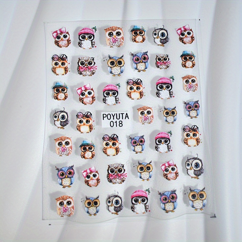 Image of A Sheet Of Cartoon Owl Nail Art Stickers, Self-adhesive Plastic Nail Decorations, Featuring A Cute Cartoon , With A Cartoon Theme, Shiny Surface, Irregular Shapes, Suitable For -time Use In Nail
