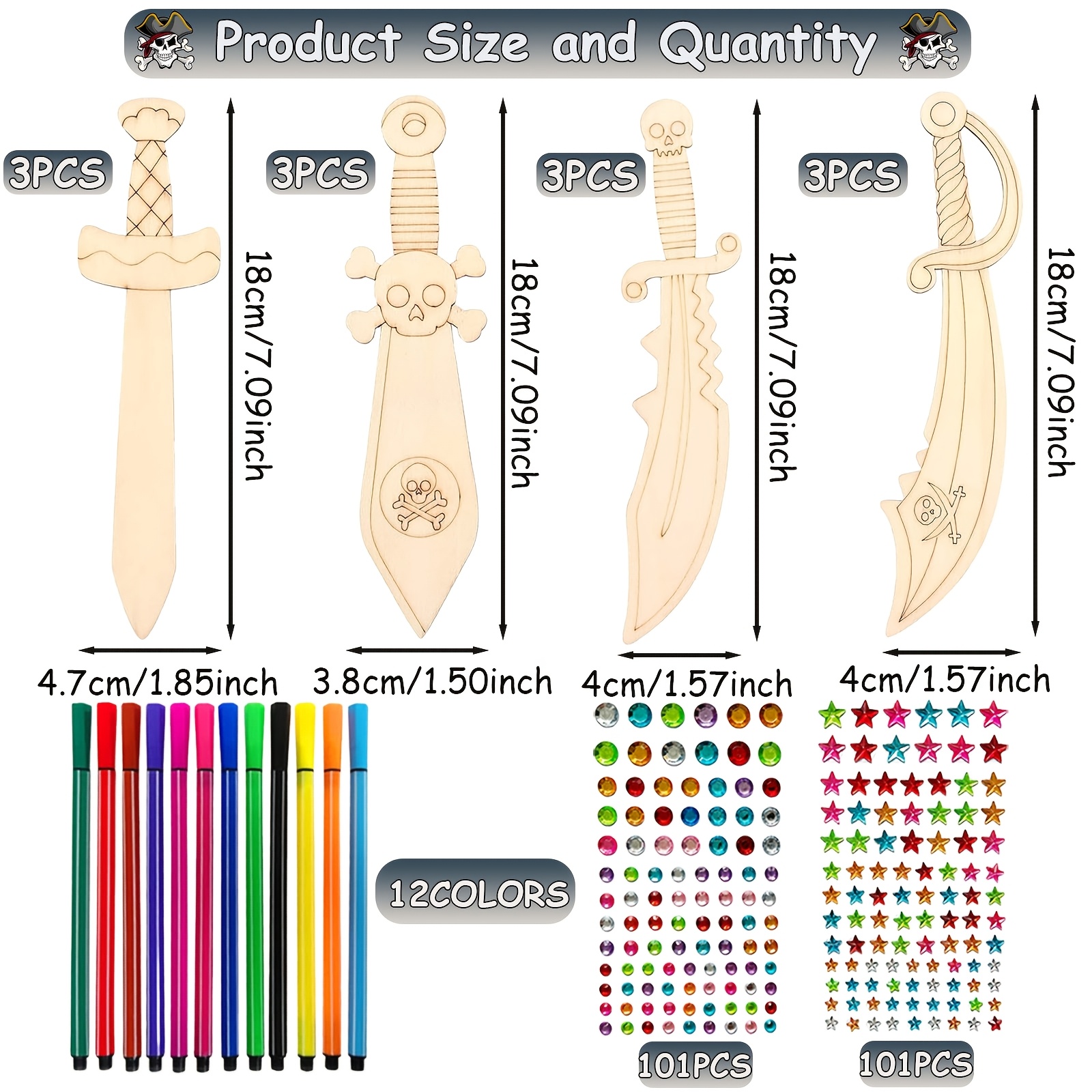 TEMU Kit de manualidades de madera DIY para niños de 222 piezas sin terminar, juego de espadas de pirata de madera DIY para niños, 12 espadas de