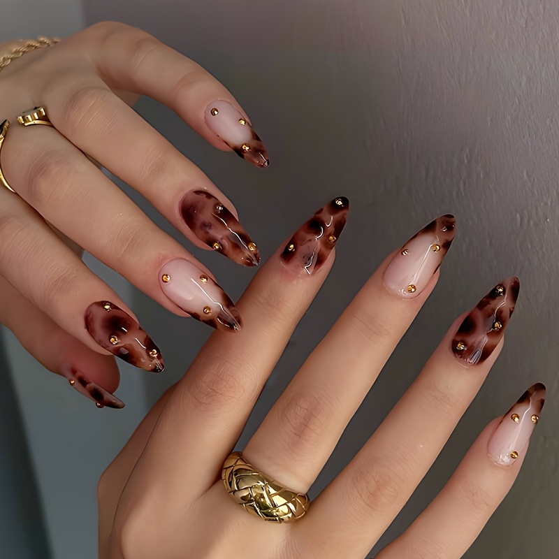 24pcs Leopard Press On Nails Medium Almond Acrylic Nails Full Cover With Golden Decorate Surface Glossy Brown Nails Reusable Retro For Woman Daily Wear Festival Party
