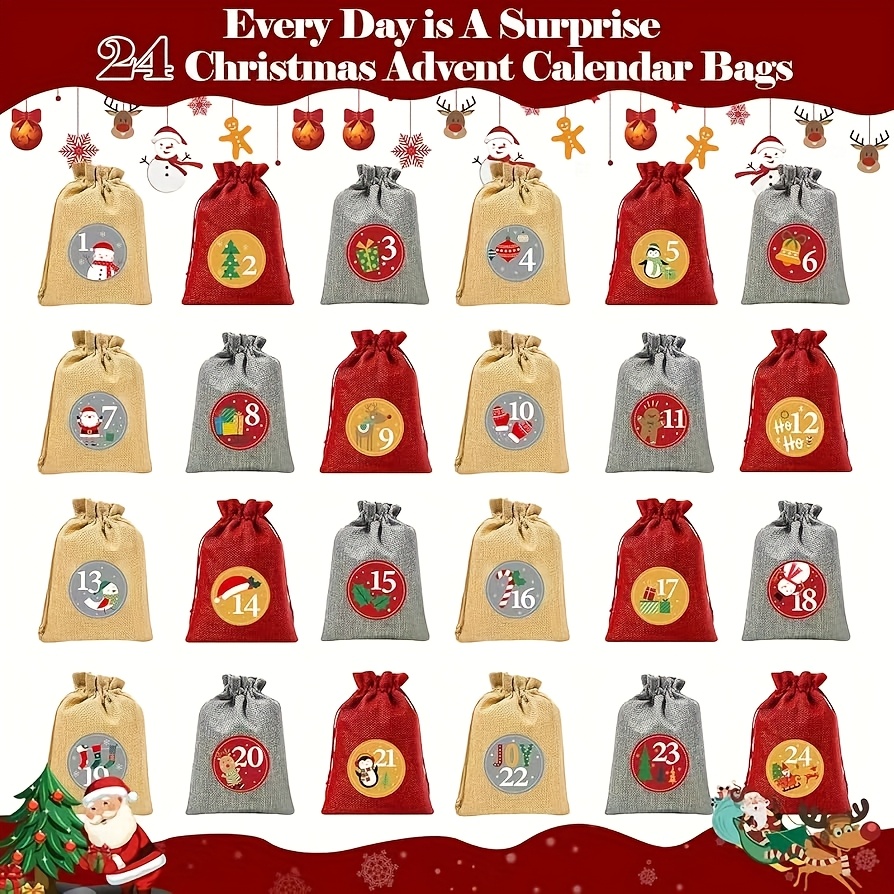 Image of 1-24 Christmas Number Advent Calendar Hanging Bags, 24 Hanging Burlap Bags, Christmas Calendar Diy, With Drawstring Bags And 24 Clips And Strings