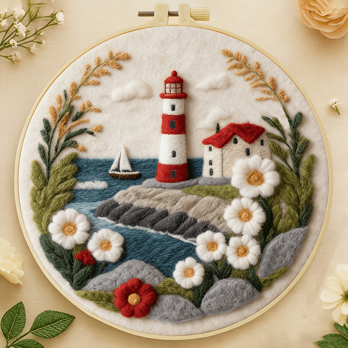 TEMU Kit de feutre de laine 2D avec points de broderie en laine, 20x20cm/7.9x7.9in, thème paysage de phare. Convient aux débutants pour manuelle DIY,