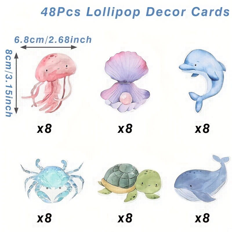 Image of Gift For Her/him 48pcs, Animal Lollipop Cards Set, Shark Whale Jellyfish Shell Paper Lollipop Cards, Under The Sea Theme Decoration, Birthday Party Supplies, Shower Party Decor, Party Packs