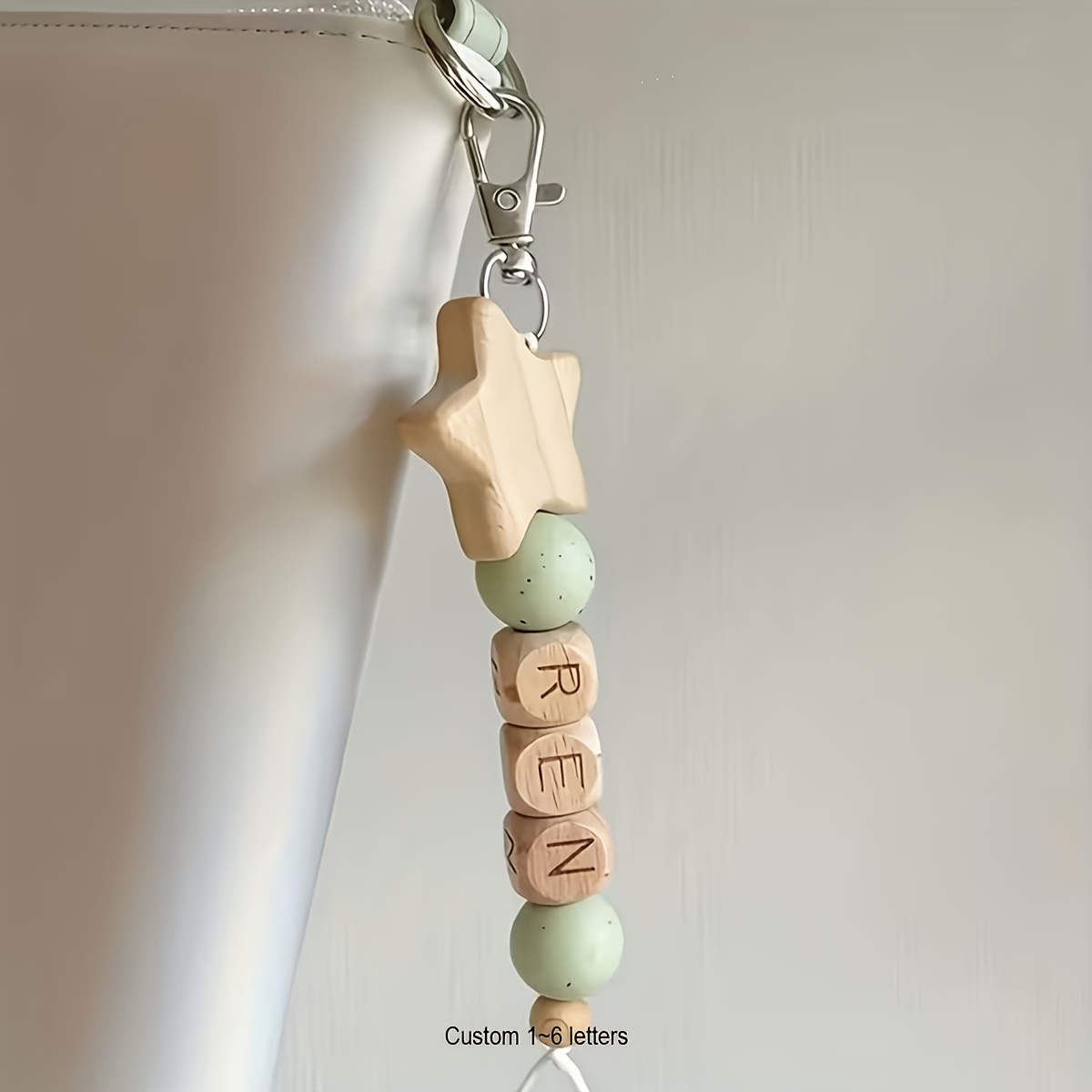 TEMU 1pc Customizable Wooden Name Keychain, Personalized Bag Charm With Single Star Heart Bead Decor, Back To School Christmas Halloween Mother's Day