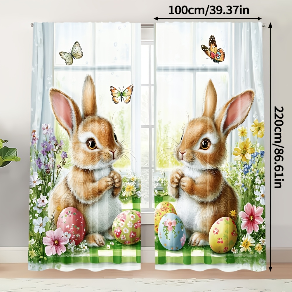 TEMU 2pcs Easter Bunny Floral Curtains - Pastel Easter Eggs, Bunny Rabbits, Flowers & Butterflies Window Drapes - Semi- Filtering Window Treatments