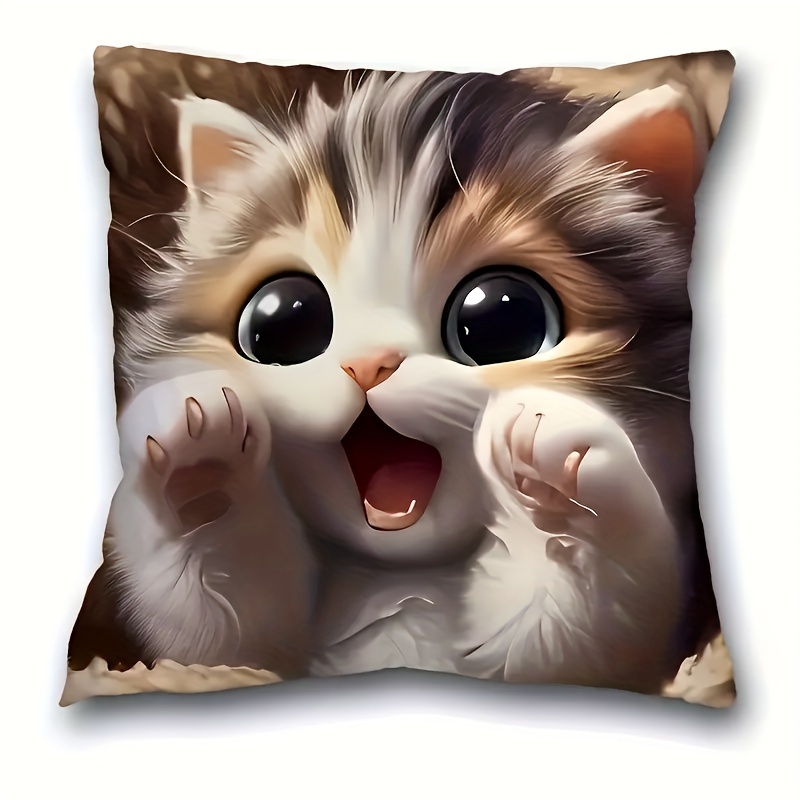 

1pc Cute Cat Pattern Plush Throw Pillow Cover - Soft, Charming, Vibrant Home Decor Accessory For Bedroom, Living Room - Contemporary Style, Machine Washable, Zipper Closure, Woven Polyester