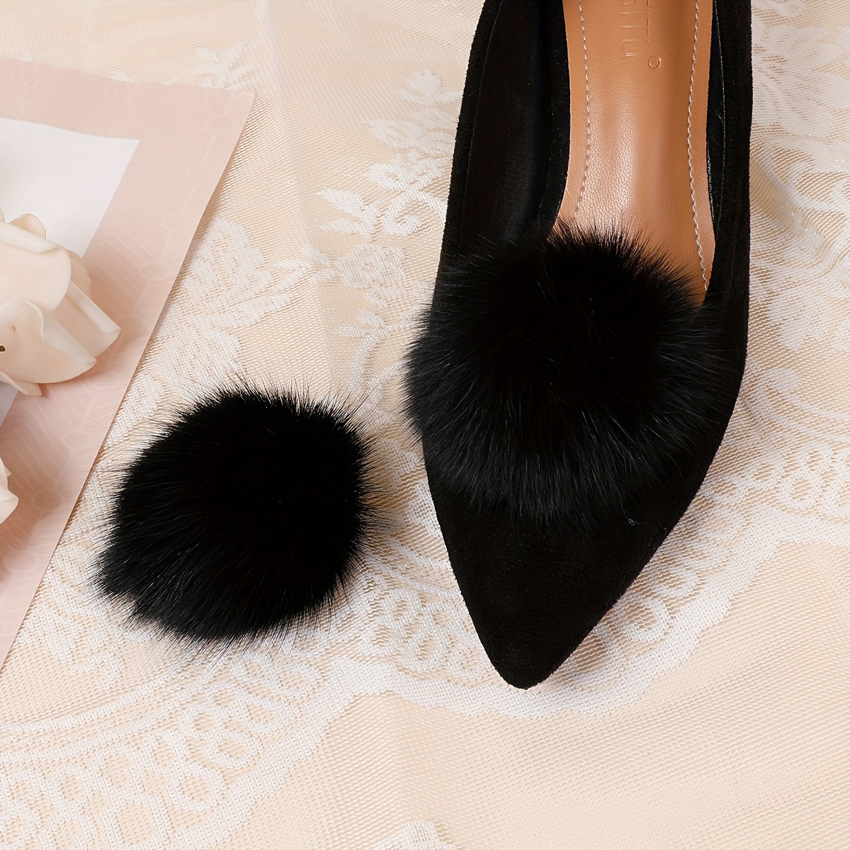 

A Pair Of Black Round Shoes With Flower Decorations, Fashionable And , , A Pair Of Flat High Heels With Flowers Suitable For Dinner Parties, Removable