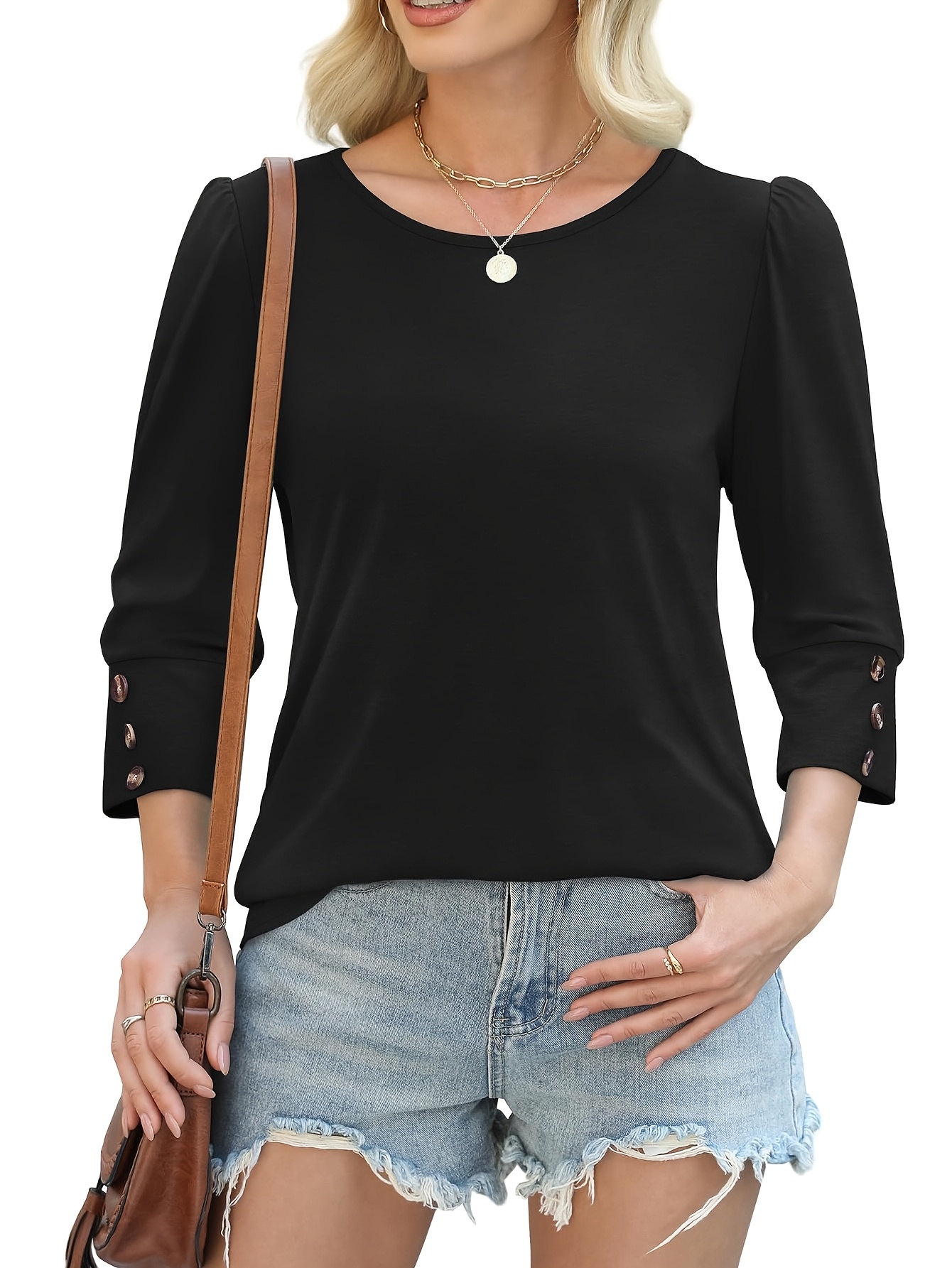Women's Elegant Blouse Three Quarter Sleeve Button Front Top