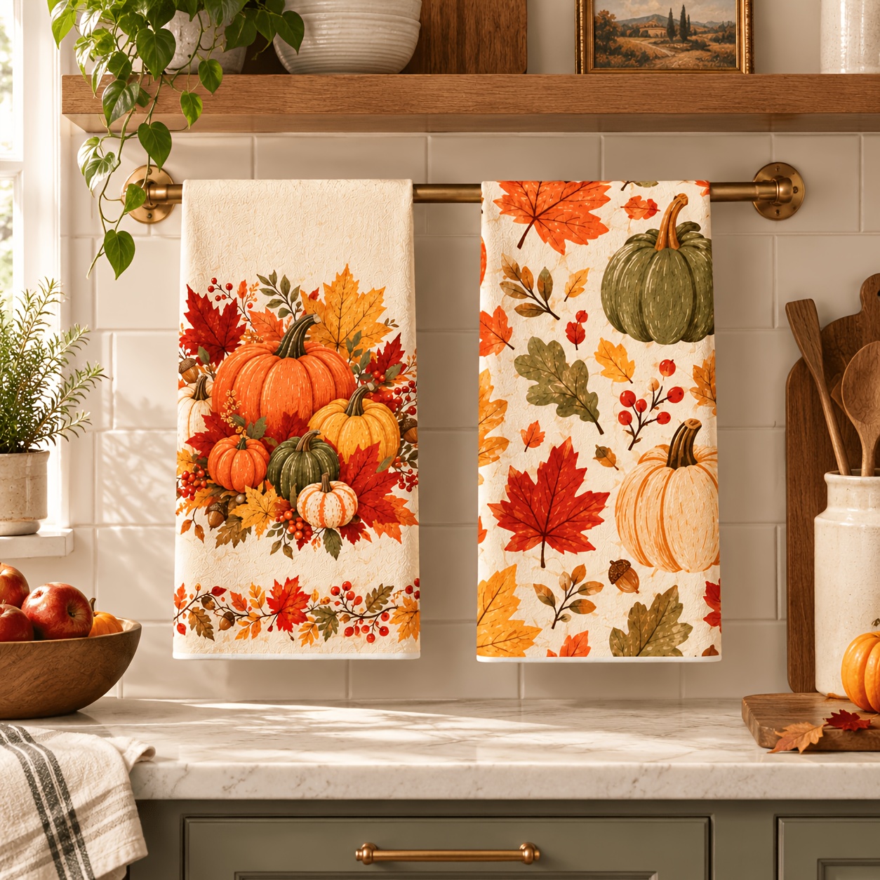 TEMU 2-pack Fall Pumpkin Tea Towels, Dish &, Microfiber, Maple Leaf, Berry, & Gourd Print, Machine Washable, Easy Clean, Durable, Absorbent & Quick