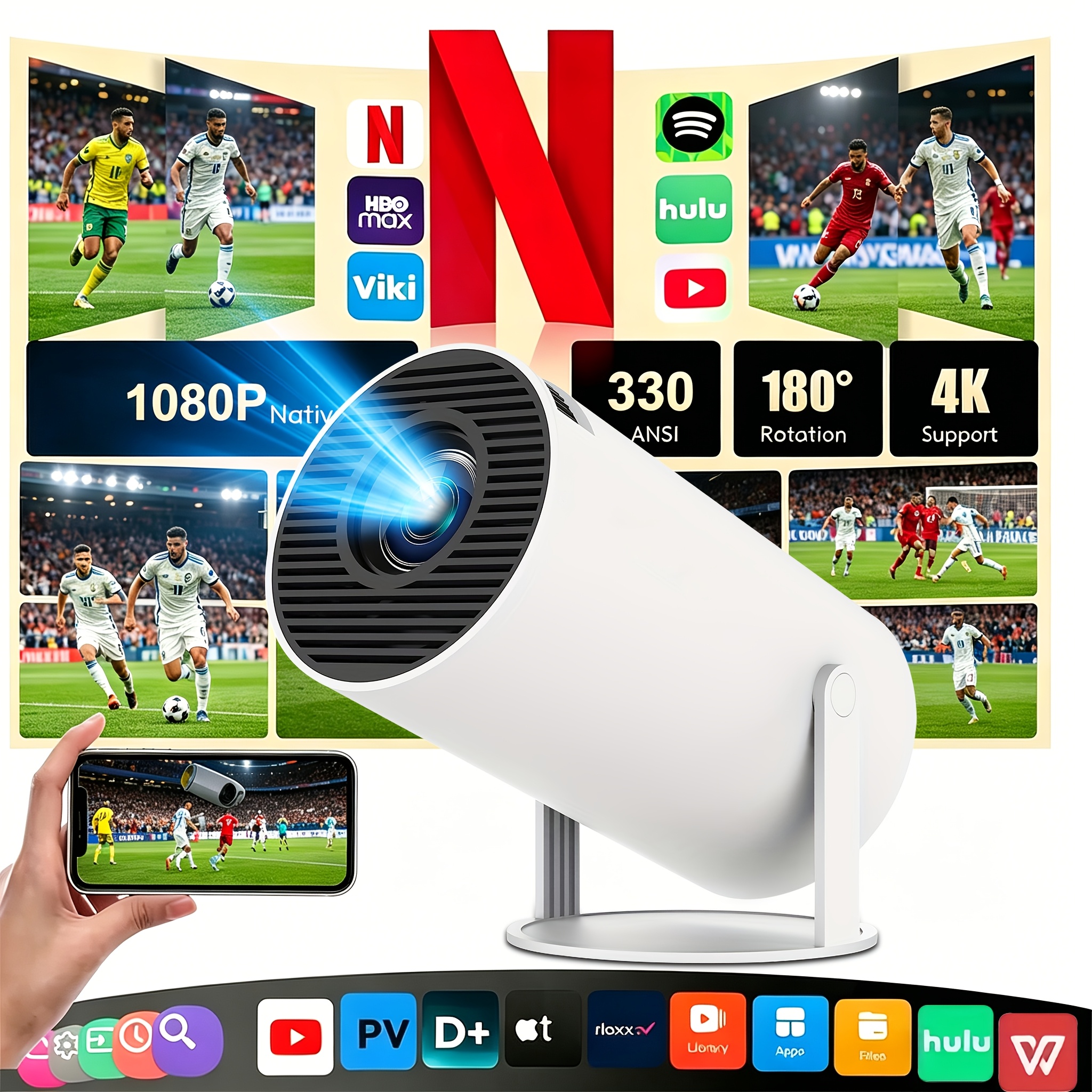 E-shop Mini Projektor, WLAN & Kabellos, 4K Unterstützung, 180 Grad Drehbarer Tragbarer Projektor, 1080P Heimkino Filmprojektor für Draußen,
