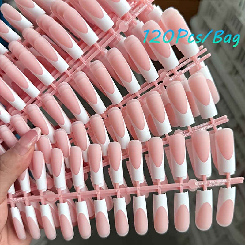 TEMU 120pcs Pink White French Long Coffin False Nails Patch Pre-shaped Matte Fake Nails Tips Full Cover Removable Long Square Press-on-nailsin 12