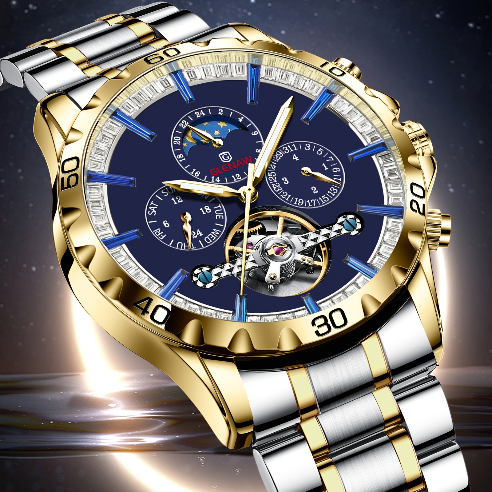 Men' Watch, Multifunctional Stainless Steel Strap With A , Automatic Winding Mechanical Watch Displaying , Day, Month, And Celestial Bodies, Without Battery