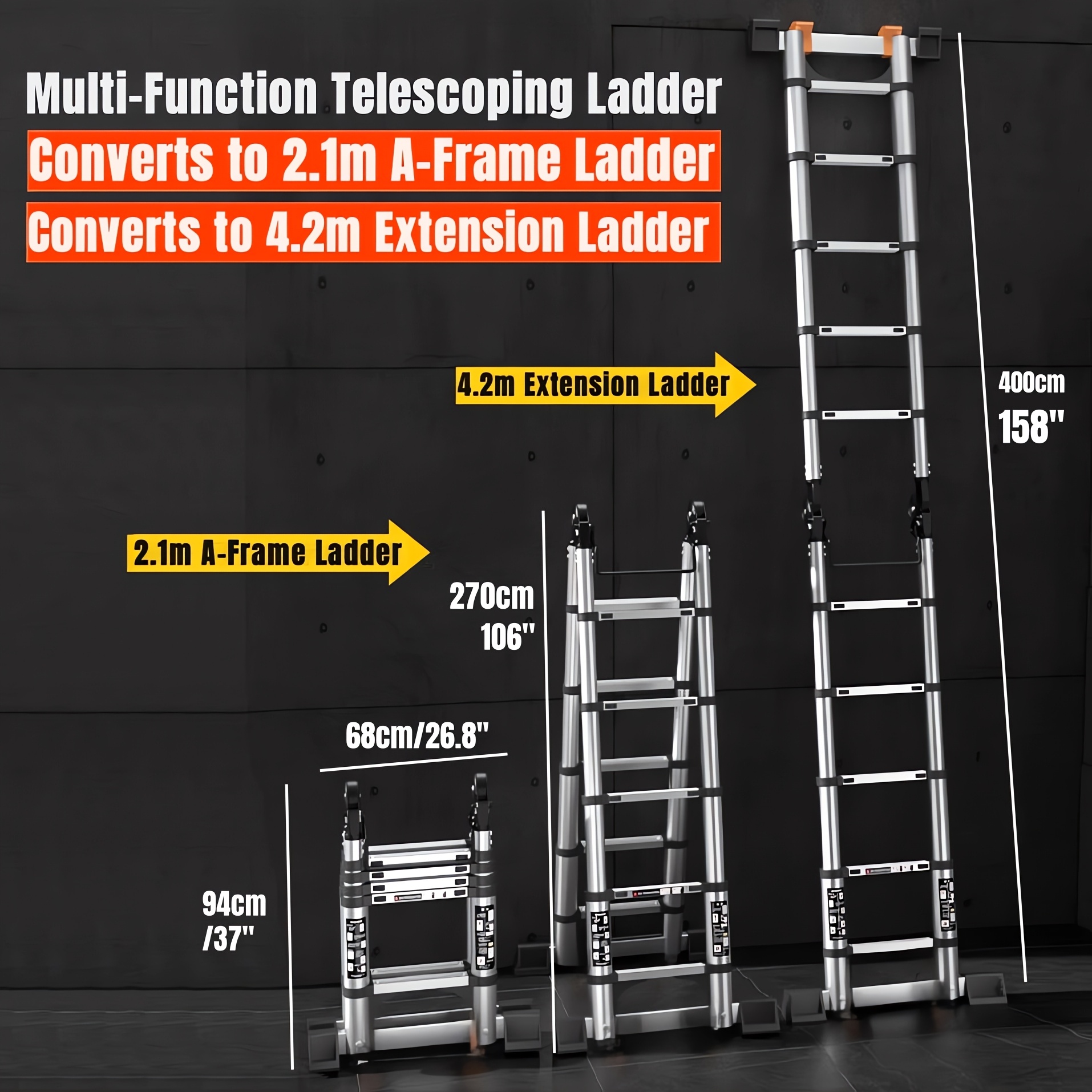 TEMU Ladders14 Ft Extension Ladder, Step Ladder Heavy Duty Stainless Steel Telescoping Ladder With Bar, 350 Lbs Capacity Multi-position Ladder For