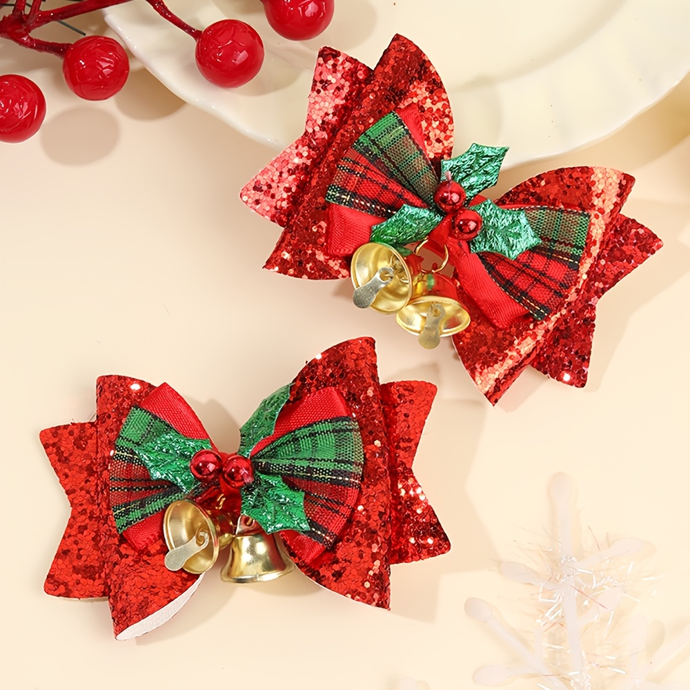 TEMU 2pcs Christmas Bow Hair Clips For Women Red Sequins And Plaid Ribbon Alligator Clips With Berry Accents Festive Barrettes Additions Ideal For