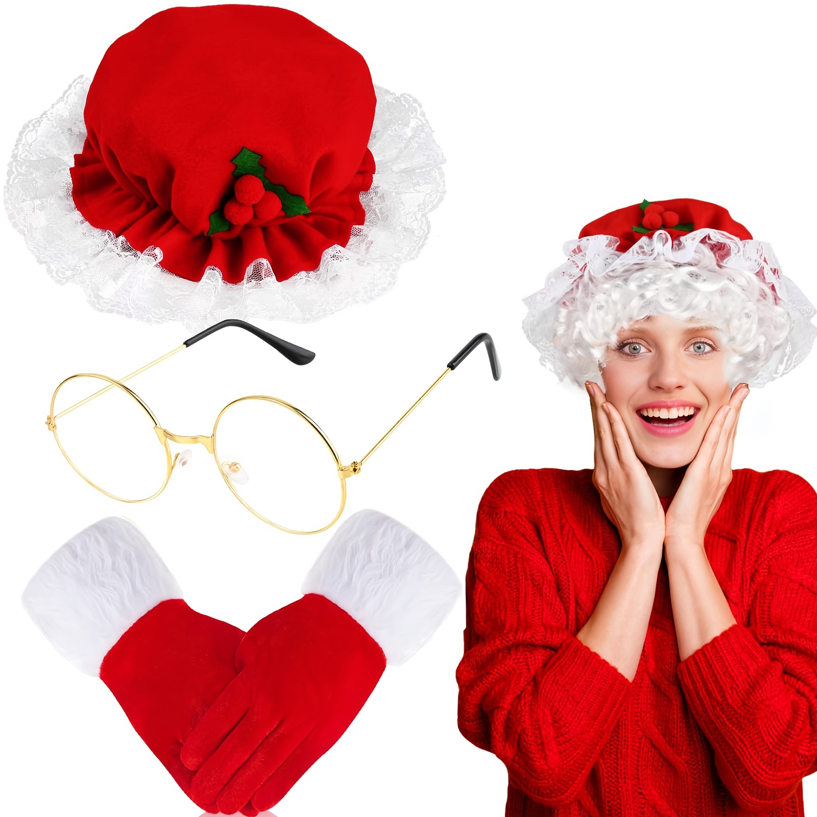 

3pcs Mrs Set For Women - Polyester Christmas Hat, Round , And Red Gloves -