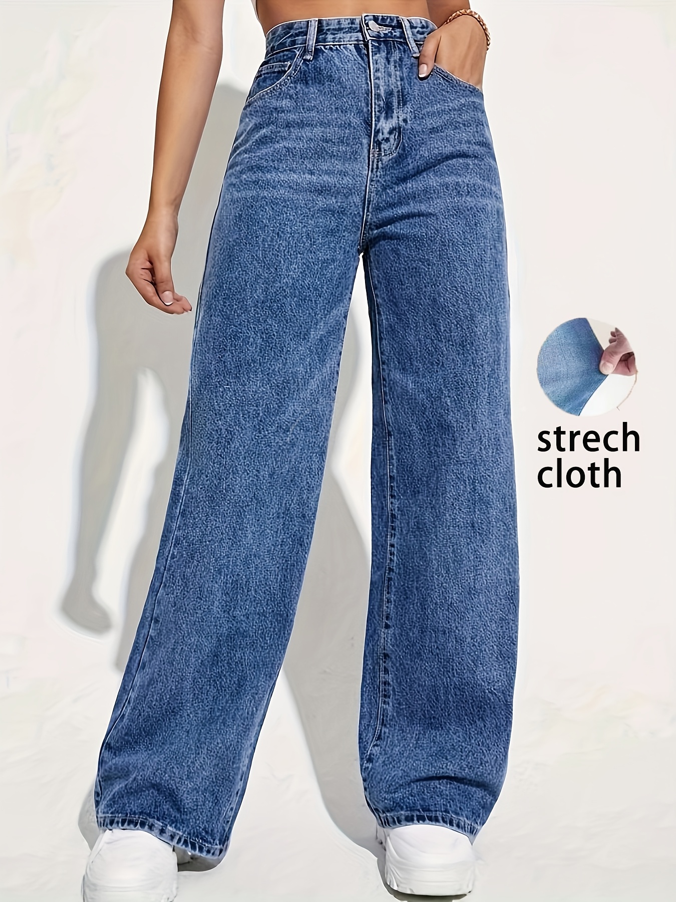 Women's Stretch Denim Straight-Leg Jeans - Light Blue Casual High-Waisted Washed Blue Comfort Fit for Casual Attire