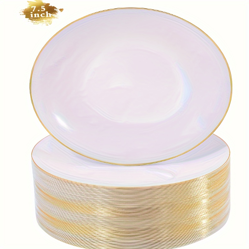 

100pieces White With Gold Rim Plastic Plates - 7.5inch Disposable Gold Salad/dessert Plates - White And Gold Plastic Plates Ideal For Wedding & Party