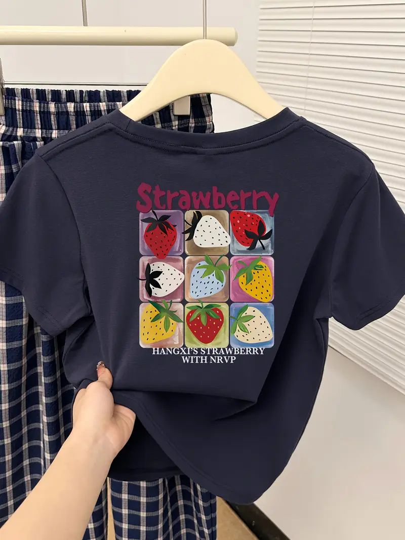womens fit short sleeve crew neck t shirt strawberry print summer casual top japanese korean style machine washable tee for fashion casual attire shirts for s graphic fit shirt comfortable material trendy teens Product details 4