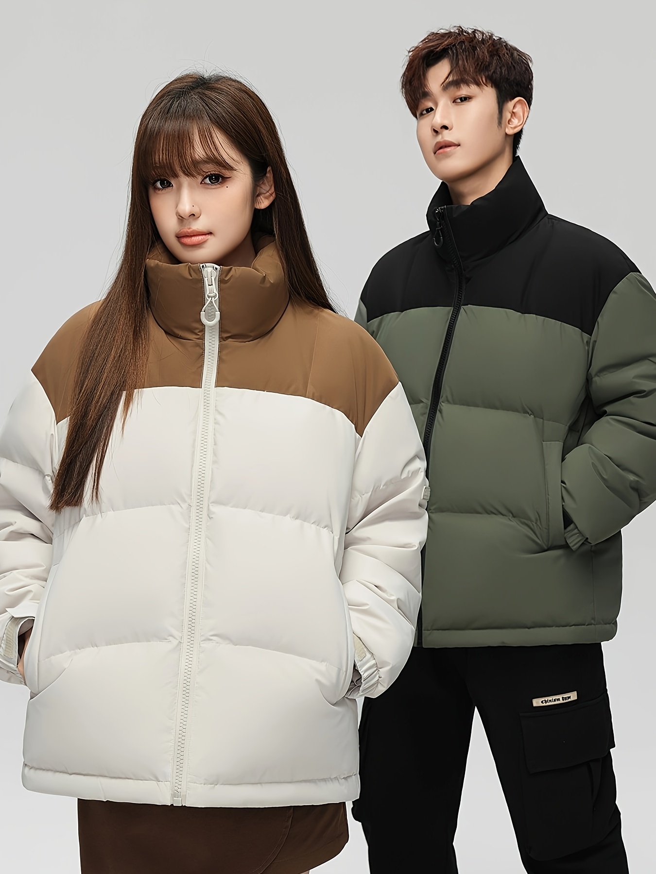 yaya 겨울 퍼퍼 재킷 - 따뜻하고 캐주얼한 컬러 블록 디자인, 스탠드 칼라, 숏 스타일, 화이트 & 브라운 투톤, 지퍼 클로저, 남녀공용 루즈핏