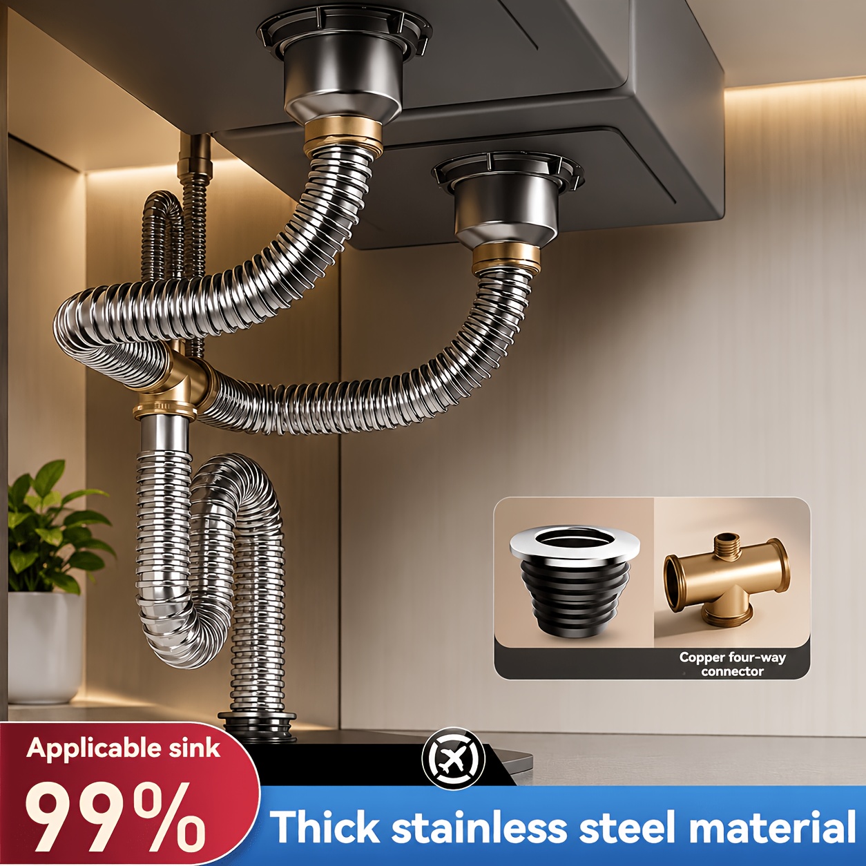 TEMU 304 Stainless Steel Kitchen Sink Drain Kit With Overflow, Flexible Expandable Drain Pipe Set For Single/double Bowl, 1-1/2' P-trap Replacement
