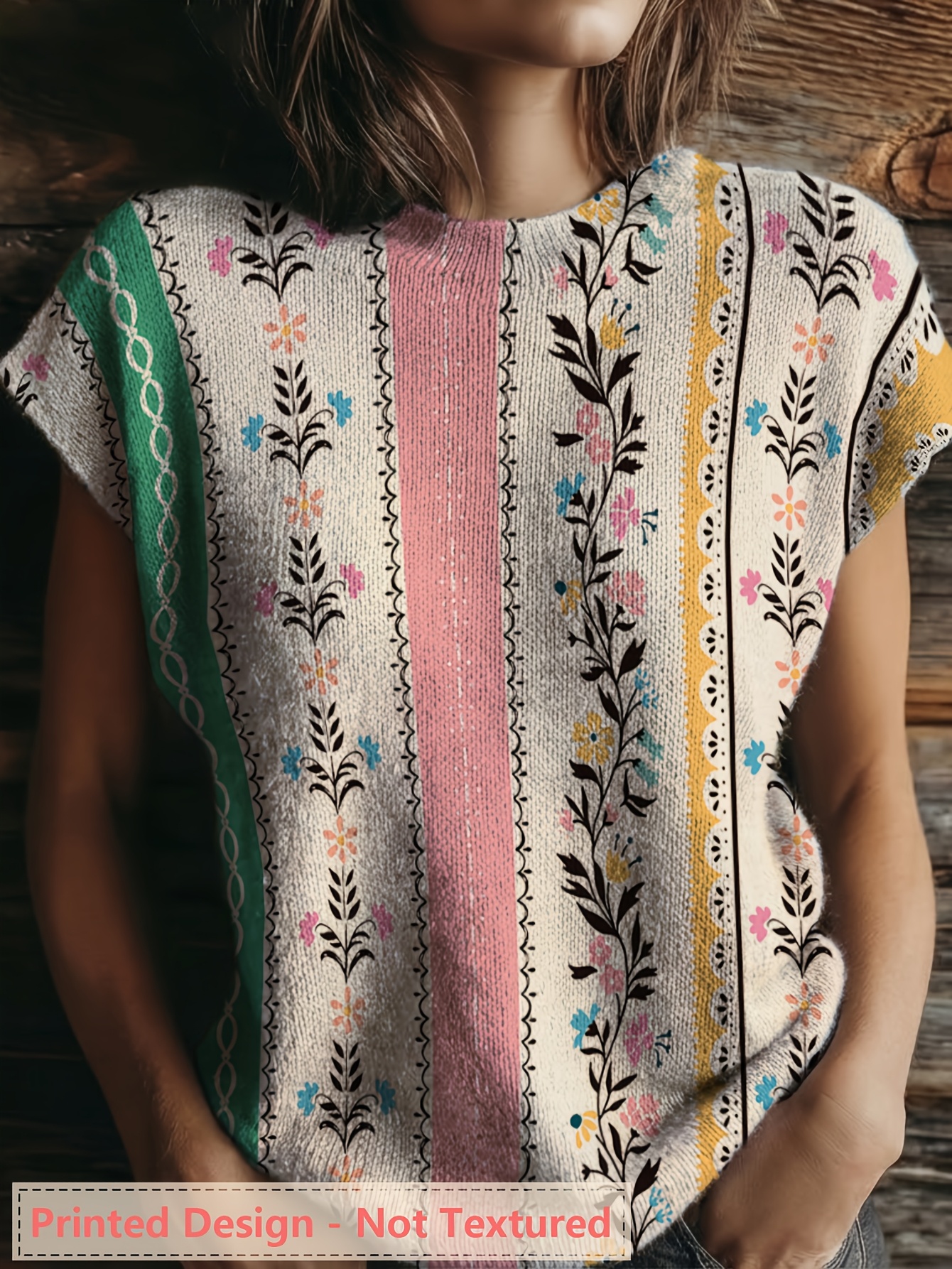 2026 New Women'S All-over Printed Wide-shoulder Lightweight Cap Sleeve Short-sleeve Pullover | Colorful Floral Stripe Pattern, Casual And Stylish, Soft And Comfortable, Perfect For Spring And Summer Seasons, Crew Neck, Slight Stretch Fabric