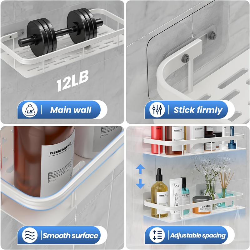 Zestaw 2 półek łazienkowych, wieszak ścienny bez wiercenia, odporny na rdzę polerowany metalowy schowek pod prysznic, organizer na szampon i odżywkę oszczędzający miejsce, inne materiały