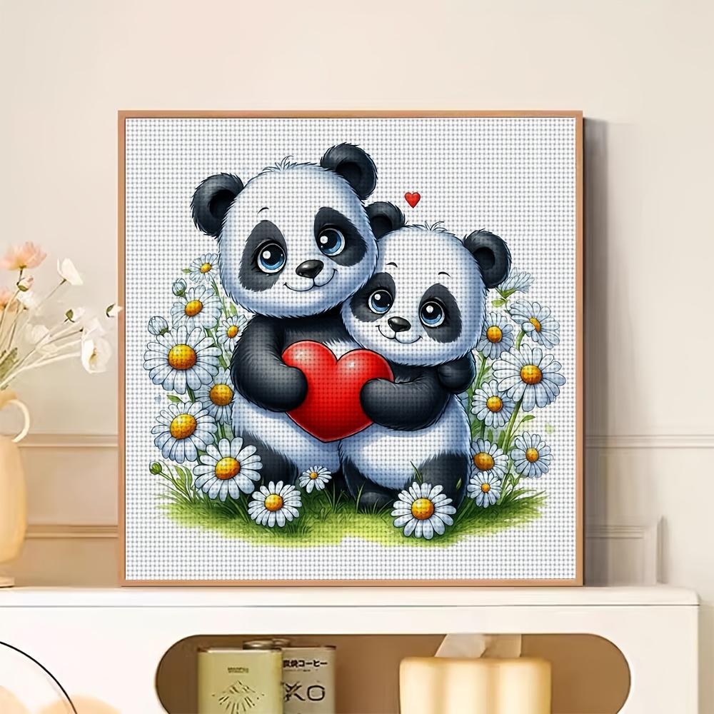 Frameless Cross Stitch Printed Kit, Double Pandas Hugging Red Heart