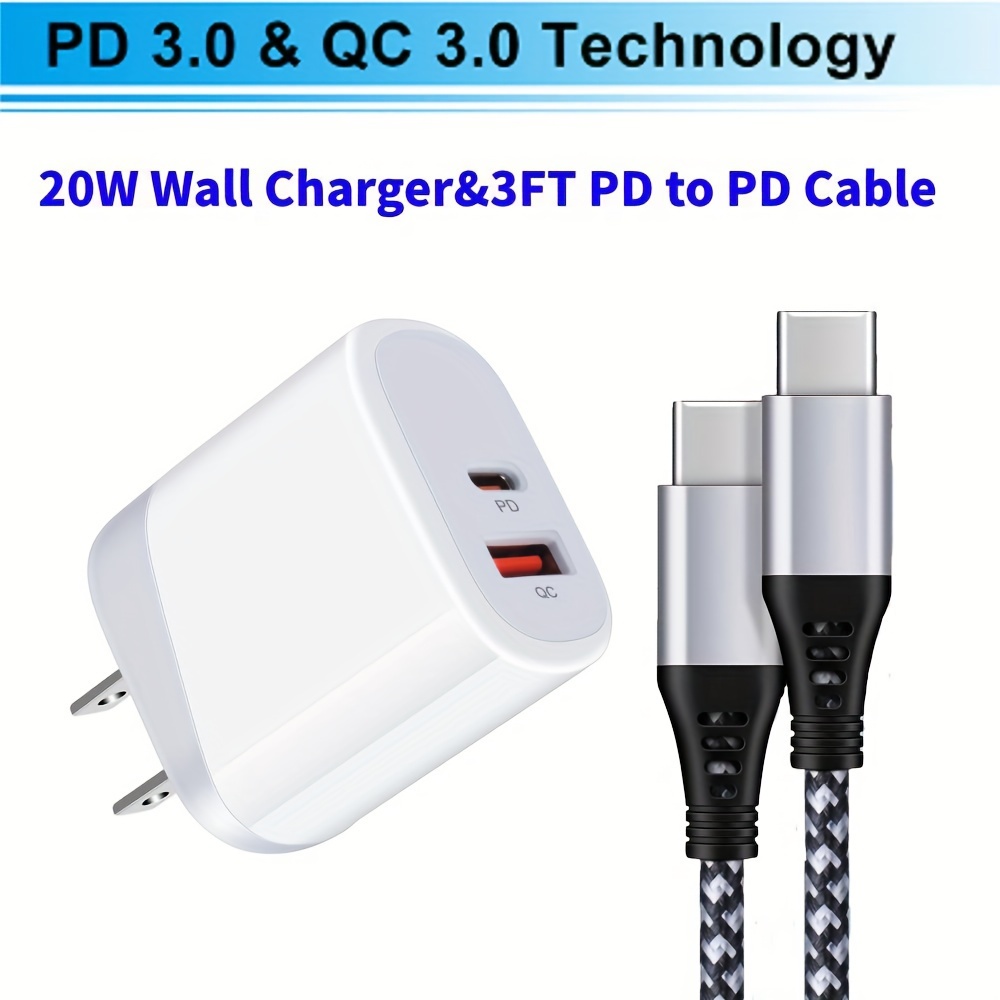 Puerto USB-C dual de 35 W, adaptador de corriente compacto plegable USB  tipo C, cargador de pared rápido con 2 cables de carga C a L, C a C de 5  pies