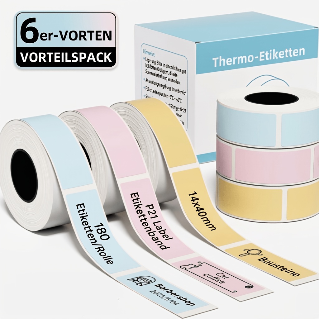 6 Rolls Color Thermal Label Tape 14×40mm (0.55×1.57") 180 Labels/roll, Compatible With Polono P31b, Chivalz P31b, Nelko P21 Portable Label Maker, Label Paper For Label Printers
