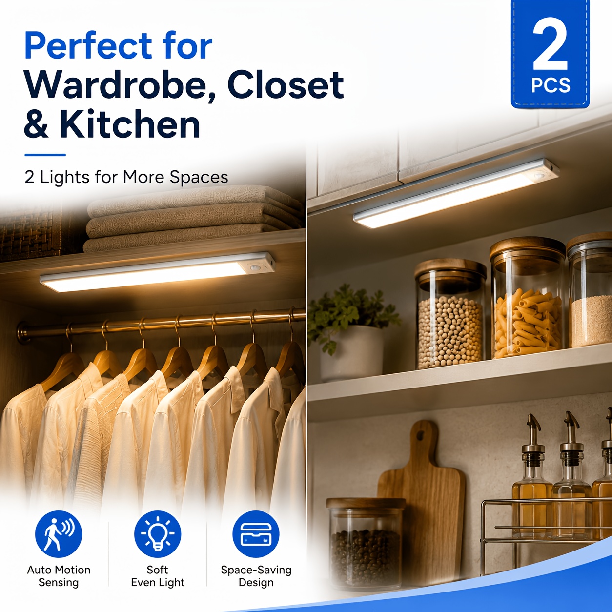 2pcs Rechargeable Motion Sensor Cabinet Lights with 3-Color LED