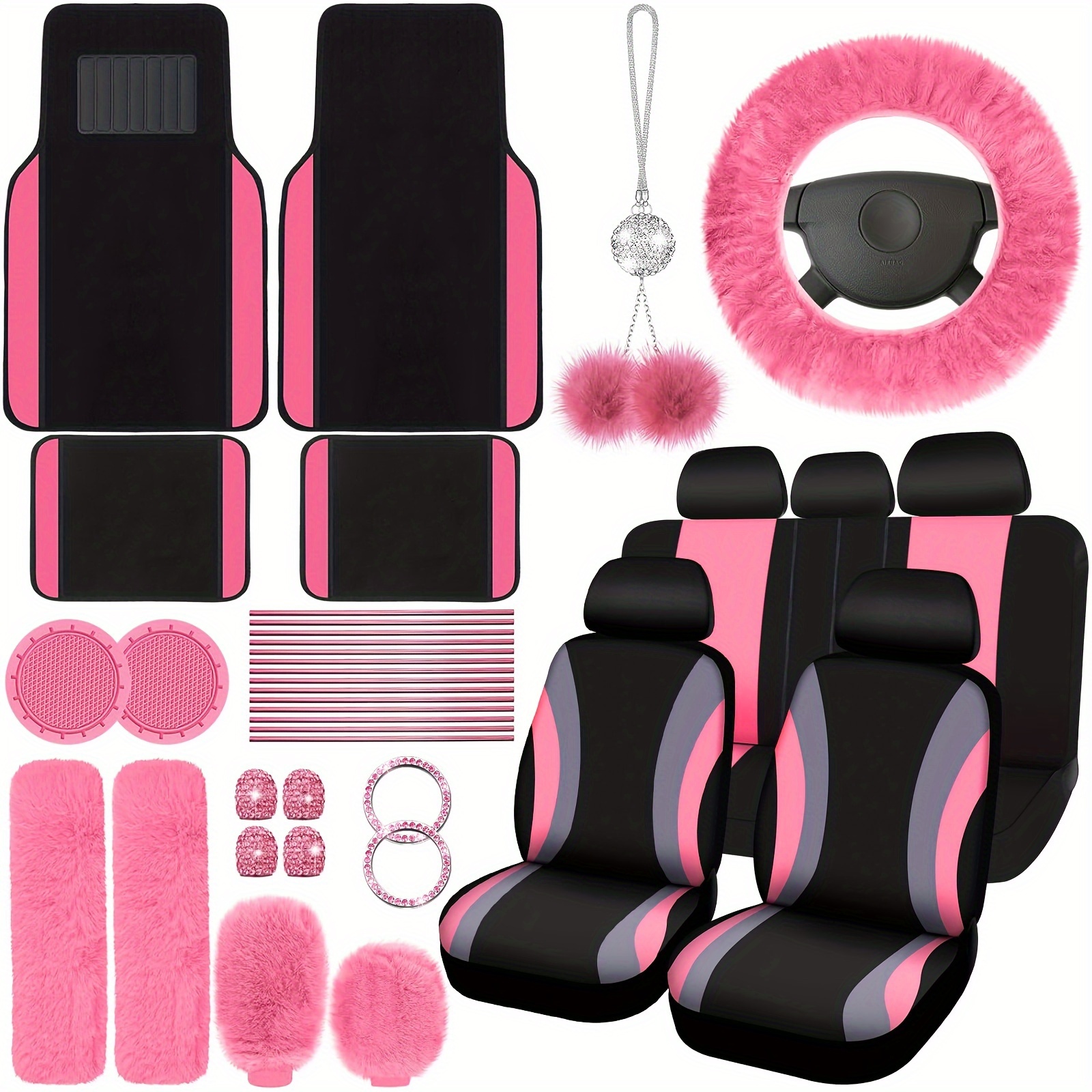 47 Car Seat Cover Full Set Car Seat Covers For Car Front Rear Seat Cover Fluffy Steering Wheel Cover Seat Belt Automotive Floor Mats Car Air Conditioner Decoration Strip Car Accessories Women