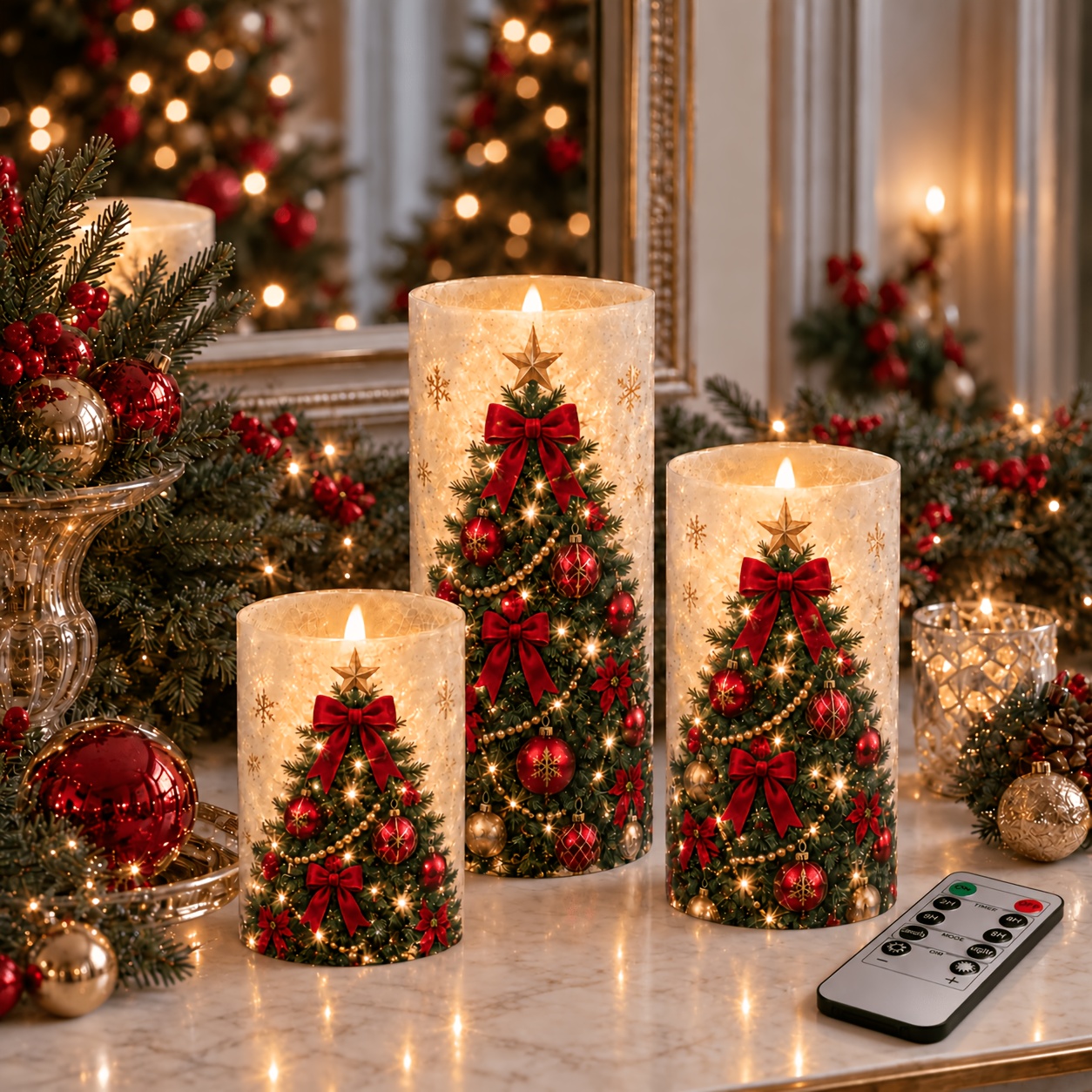 TEMU 3pcs Flameless Led Pillar Candle Set With Remote & Timer - Suitable For Christmas Tree, Red Bow & Traditional Candles, Plug-and- Tabletop Decor