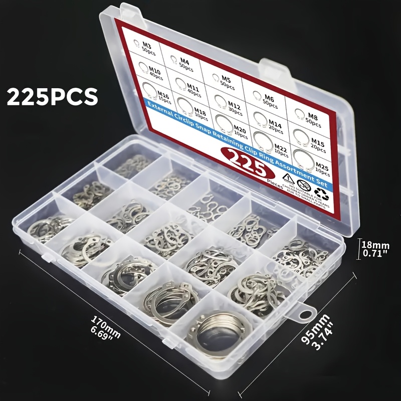 E-shop 225-teiliges Außenhalterungsring Sortiment Set, 15 Größen, 304 Edelstahl Schnappring für Welle Sortiment Set M3-M25 Verpackungsset
