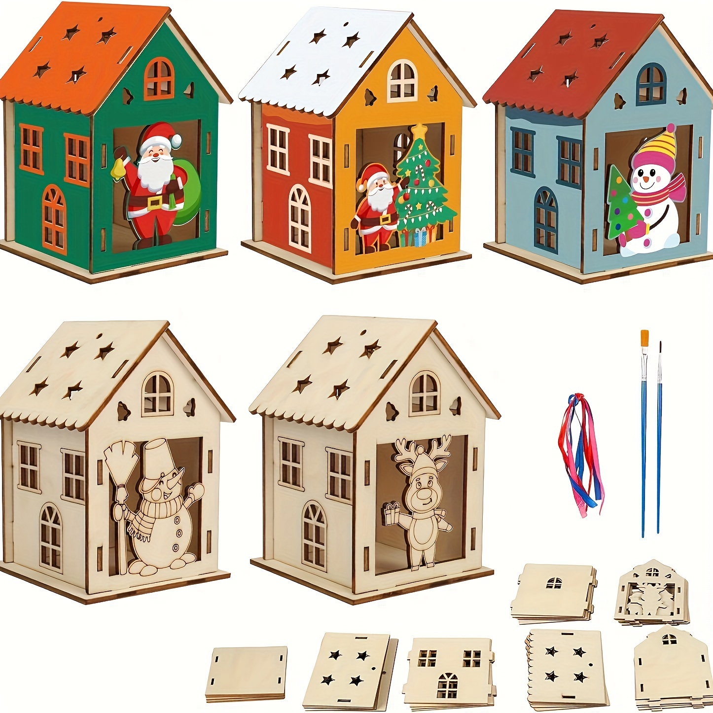 

5- Wooden Christmas Set, Diy , No Required, 2 Brushes, For Home & Kitchen, Christmas & Party Supplies