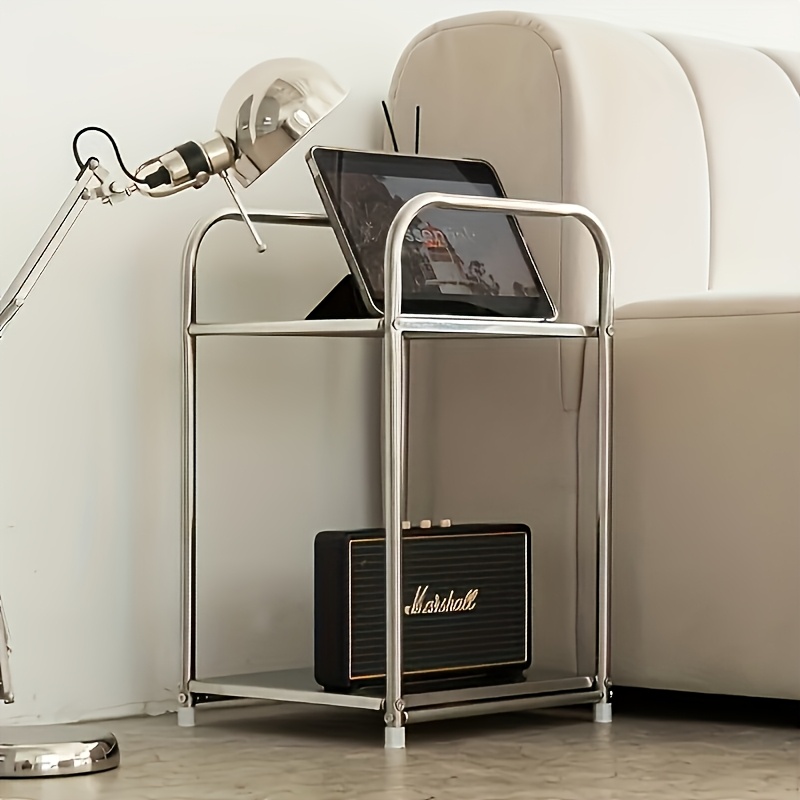 TEMU Modern Stainless Steel Side Table With Storage | Silvery Nightstand, Home Storage Shelf, No , Height Under 27.0 Inches, Space- Design, No