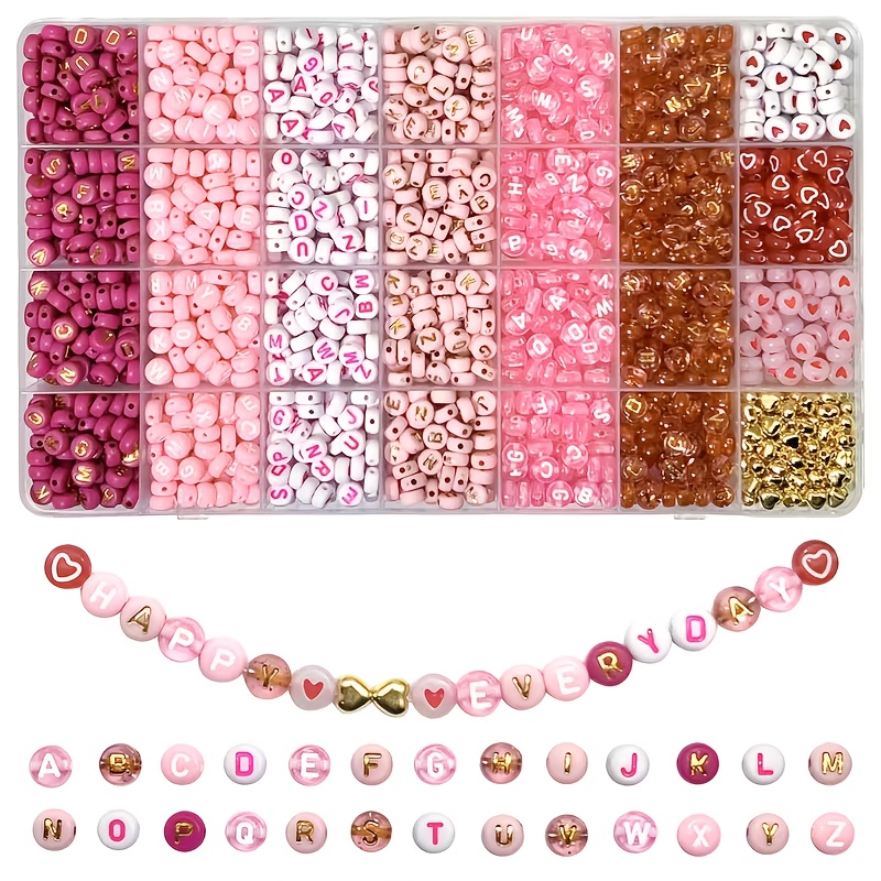 Image of 1500pcs High-quality Pink White, Golden Letter Beads And Heart-shaped Acrylic Beads Combination Set - Jewelry Making Set - Suitable For Making, Handmade Bracelet, Necklace Craft Products
