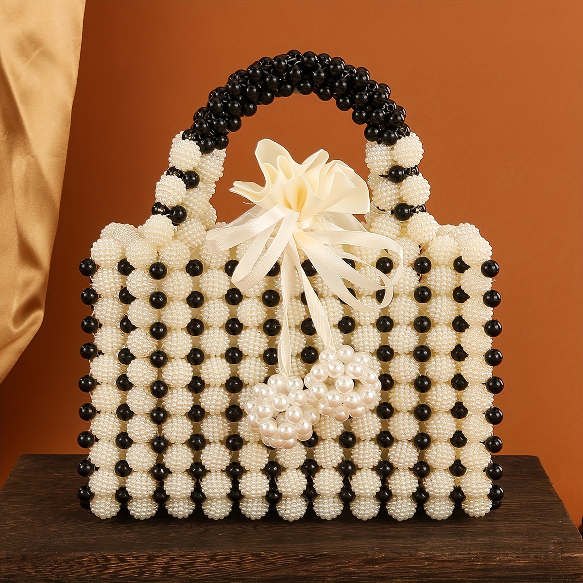 TEMU Handcrafted Elegant Pearl & Beaded Evening Clutch With Floral Handle – Plastic Dinner Bag For Women, Weddings & Formal Events, Formal Event Bag | Luxury Handbag | Pearl Bead Handbag