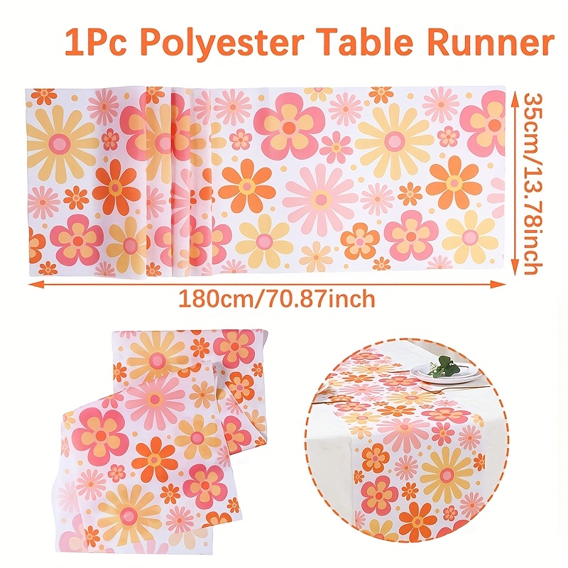 TEMU . Groovy Gänseblümchen Hippie Tischläufer - Lebendiges Oranges, Rosa & Gelbes Blumenmuster auf Weißem Hintergrund, Perfekt für Küche & Esszimmer
