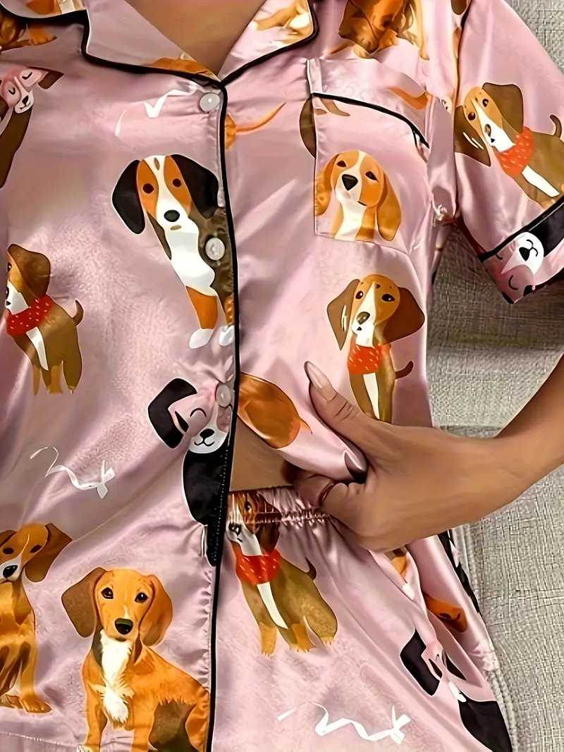 2pcs set of satin bean paste cartoon dog pajamas womens short sleeved stand up collar top and shorts pajamas 2pcs set Product details 4