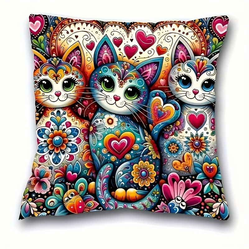 

1pc Taie d'Oreiller en Peluche Courte avec Chat de Dessin Diamant, Housse de Coussin Zippée pour Chambre, Salon, Bureau, Hôtel et Décoration de Voiture - Lavable en Machine, Polyester