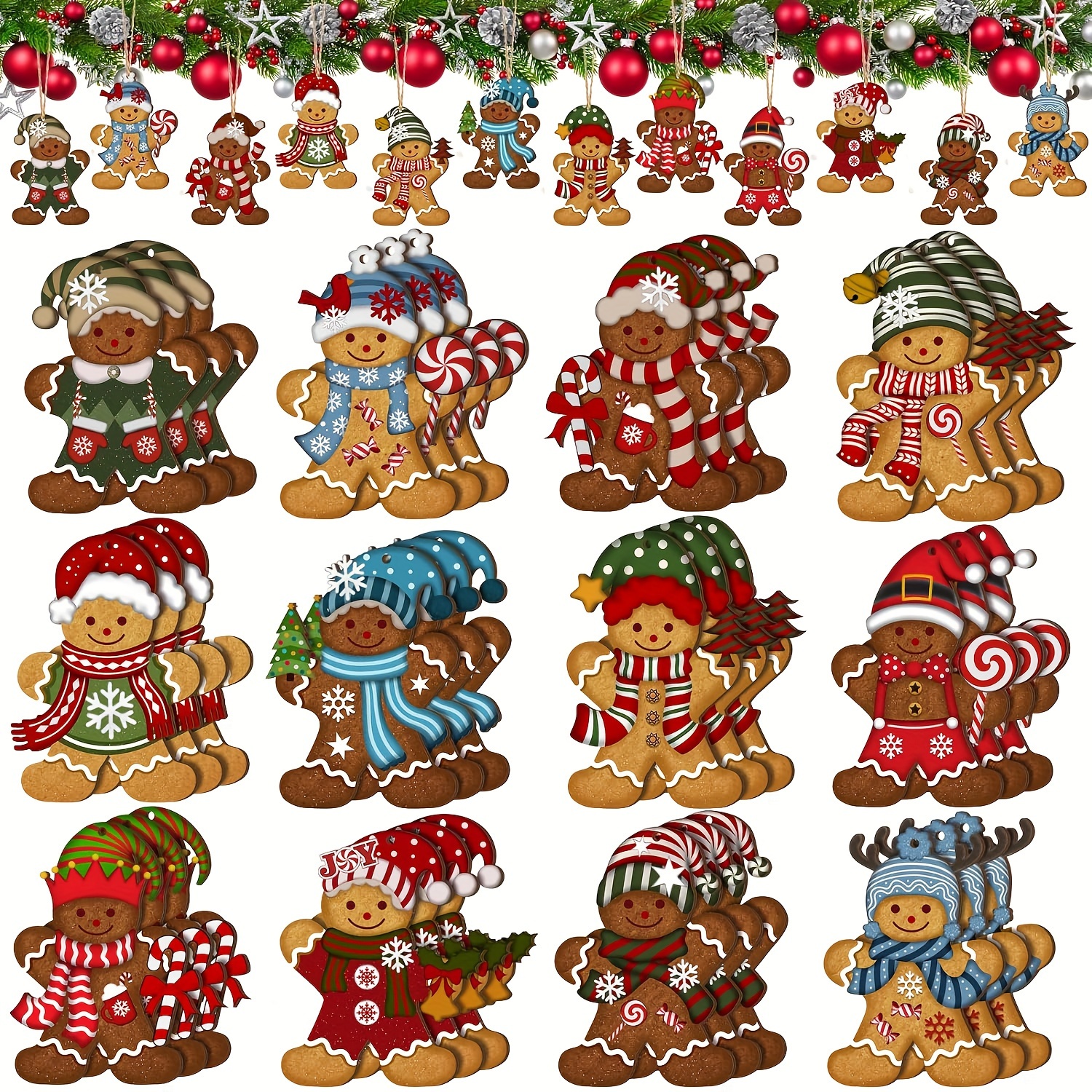 

24-pack Vintage Gingerbread Man Wooden Christmas Ornaments, Assorted Hand- Wood Pendants For Hanging Decor, Traditional Thanksgiving And Finials With Designs