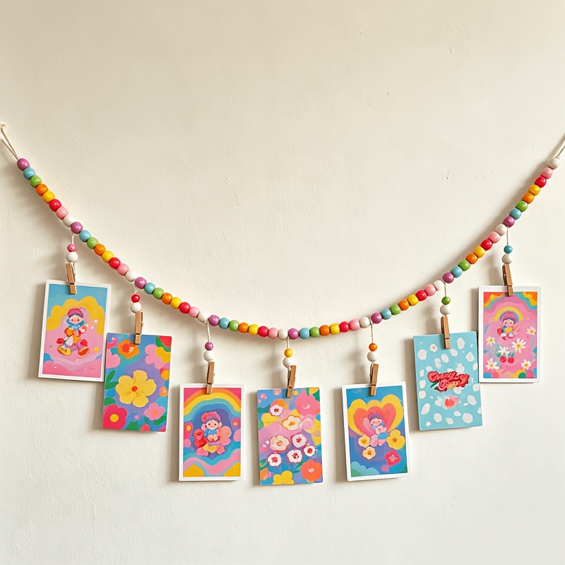 TEMU Bohemian Style Macaron Holzperlen Halskette und hängende Foto-Display-Seil. Diese Perlendekorationen haben zufällig angeordnete Perlenfarben,