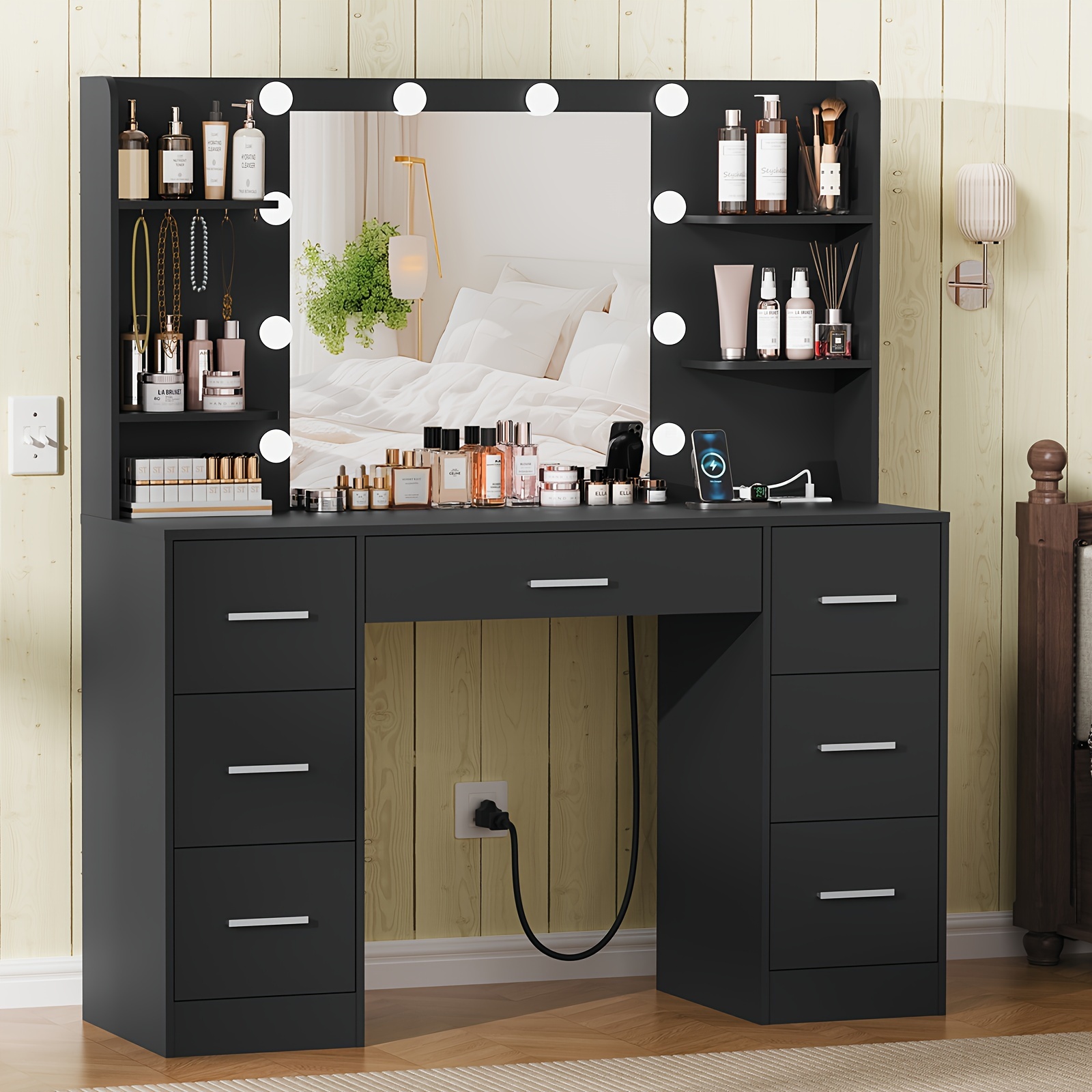 

Athwel Large Vanity Desk With Led Lighted Mirror & Power Outlet, Makeup Vanity Table With 7 Drawers, 4 Shelves And 5 Hooks, Vanity Table, Vanity Desk Set For Bedroom, Bathroom