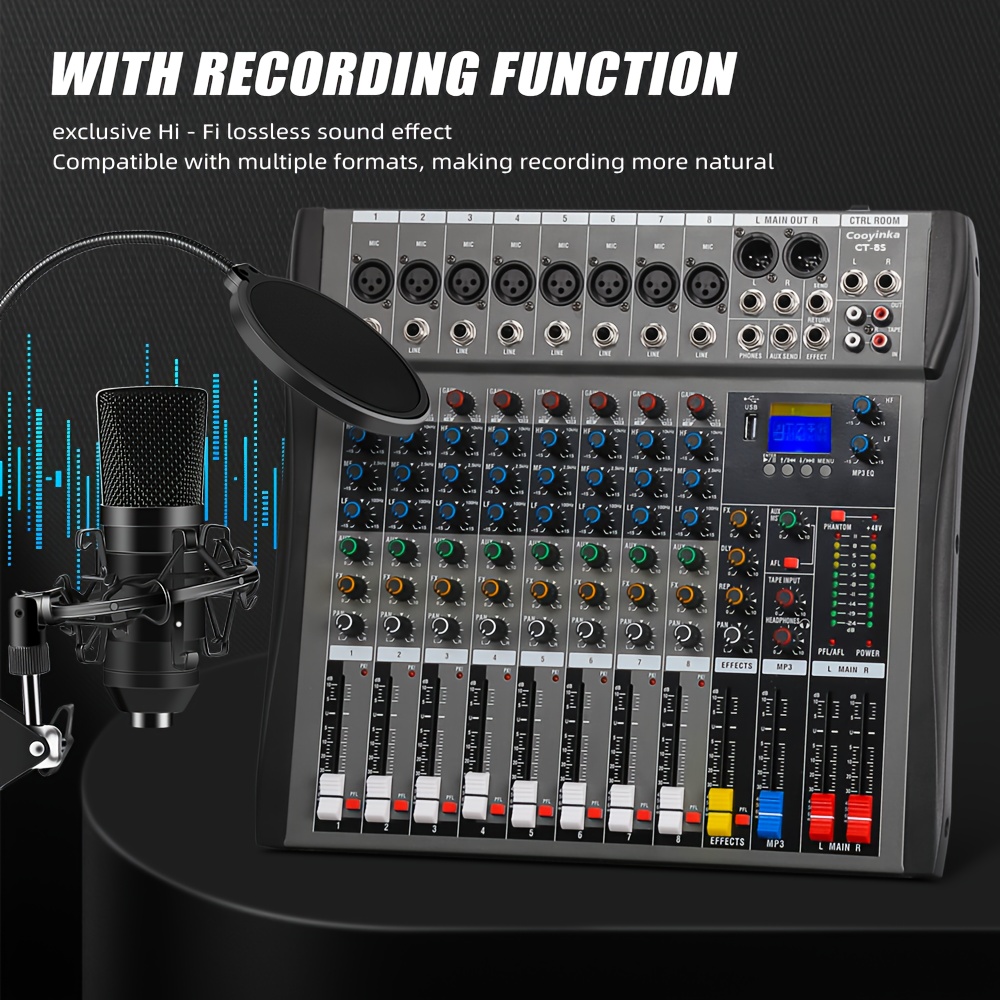 8 channel professional mixer metal body 48v power fx - Temu