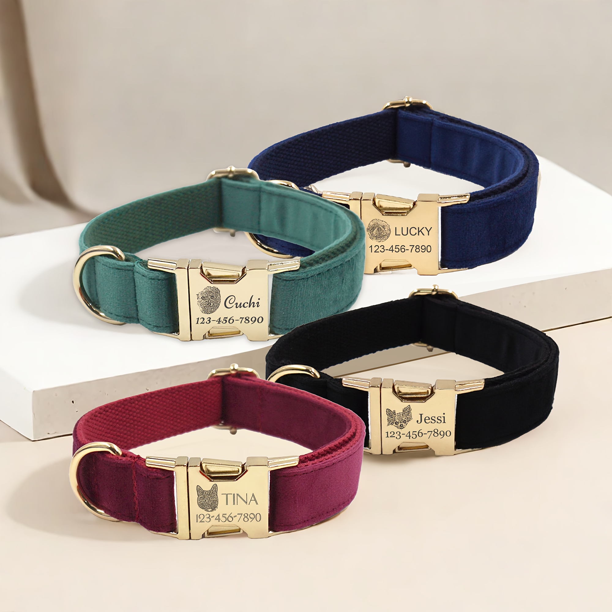 Personalized Velvet Dog Collar with Custom Name & Phone ID Tag