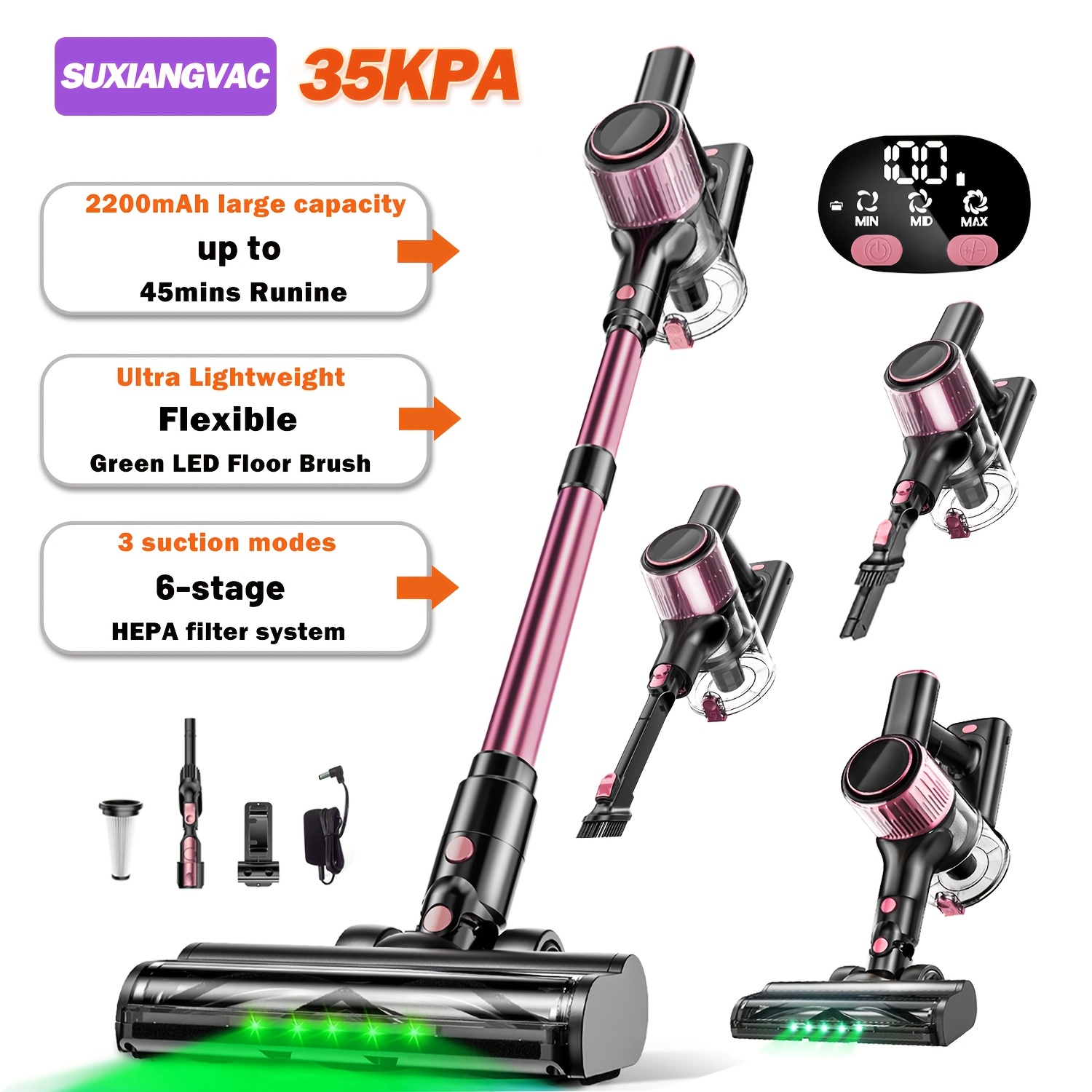 TEMU Cordless Vacuum Cleaner, 35000pa Powerful Stick Vacuum With 45 Min , Removable Battery, Upgraded Brush, Vacuum Cleaners For Home, 1.5l Dust Cup,